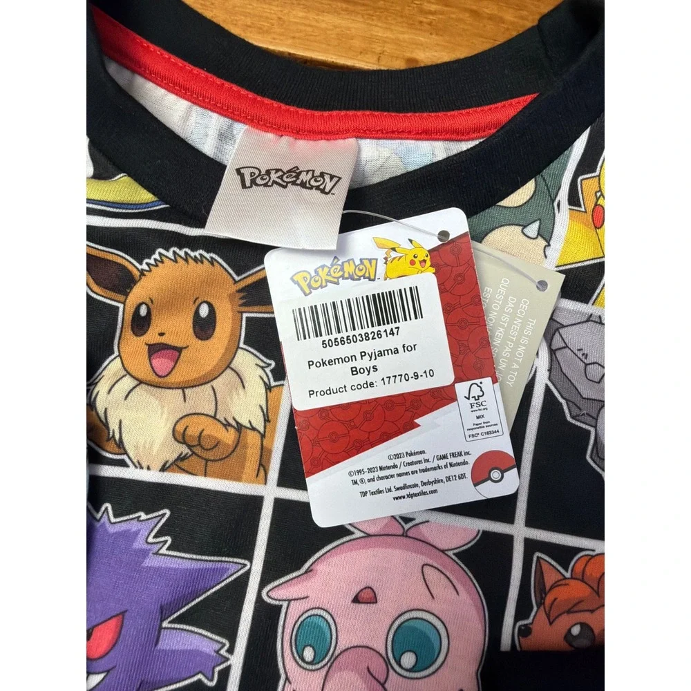 Pokemon Pajama Set Boys Size 9-10 Black All Over Print Pikachu Eevee AOP NEW